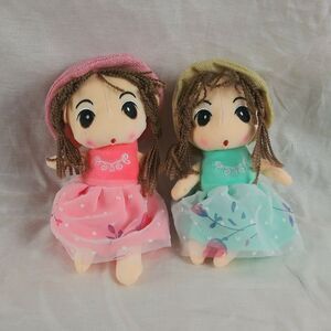 Set of 2 Japanese Anime Plush Dolls - Stuffed Girls - Pink - Green - 13 inches